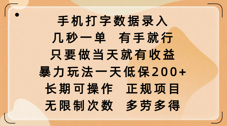 手机打字数据录入，几秒一单，有手就行，只要做当天就有收益，暴力玩法一天低保200+，长期可操作，正规项目，无限制次数，多劳多得-宝贝POS网