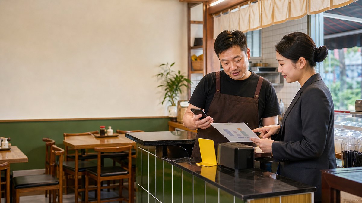 武汉餐饮店老板在收银台了解美团收款码与到店经营方案