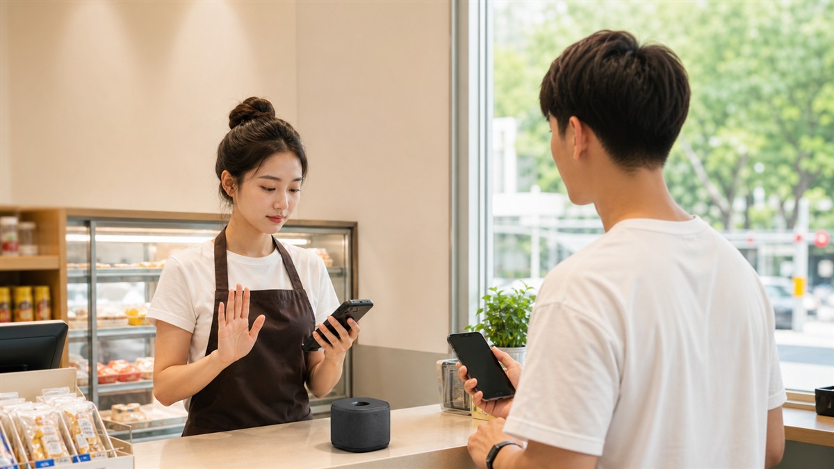 武汉门店顾客付款后店员核对商户订单与收钱音箱状态