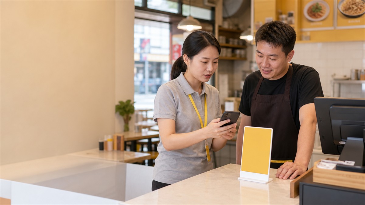 武汉餐饮店老板在收银台了解美团收钱助手与收款码方案