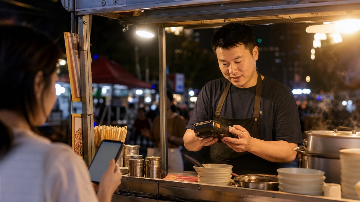 武汉夜市餐饮摊主在摊位前使用收款码和便携收款设备
