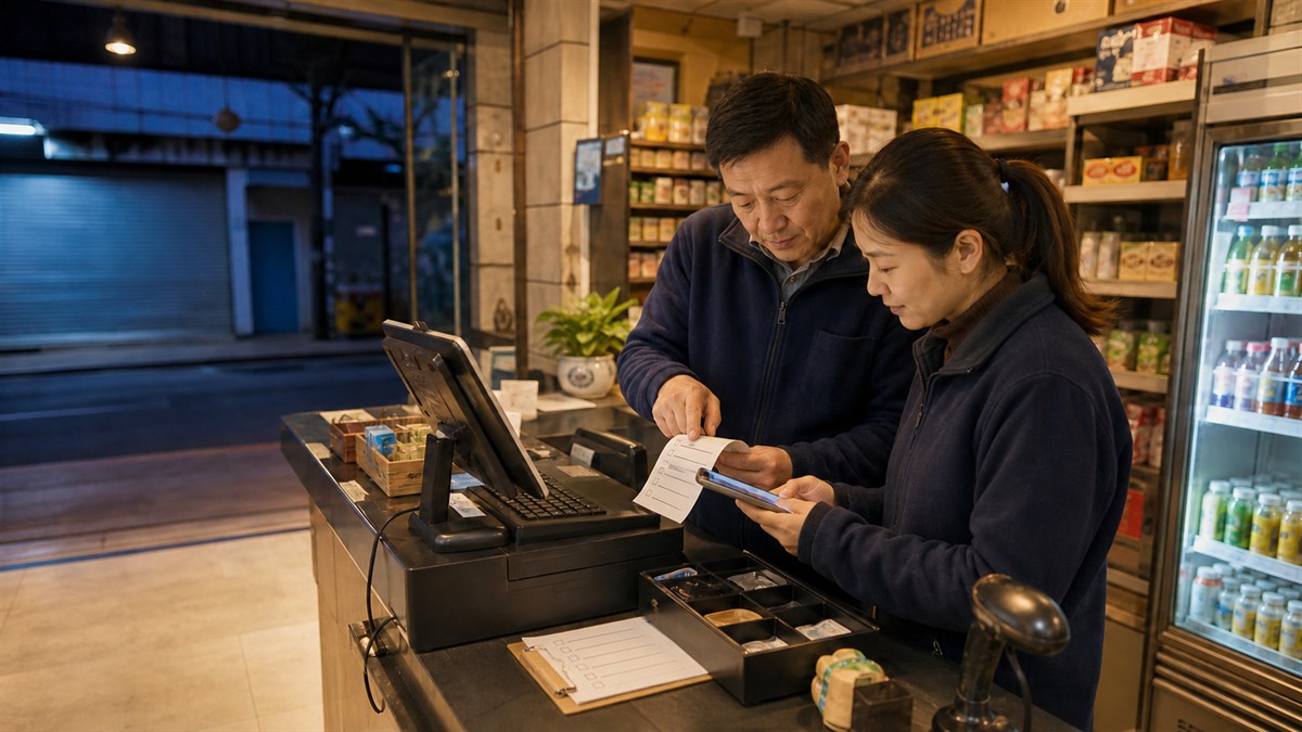 武汉便利店老板与店员闭店前核对收银系统、电子支付和现金日结记录
