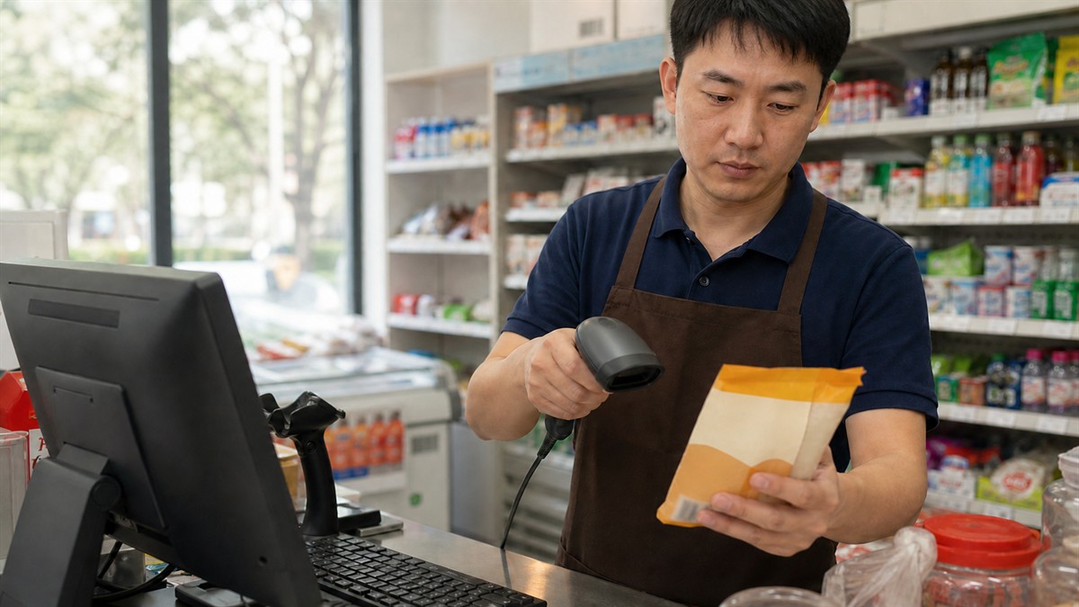 武汉便利店员工在收银台用扫码枪检查商品条码