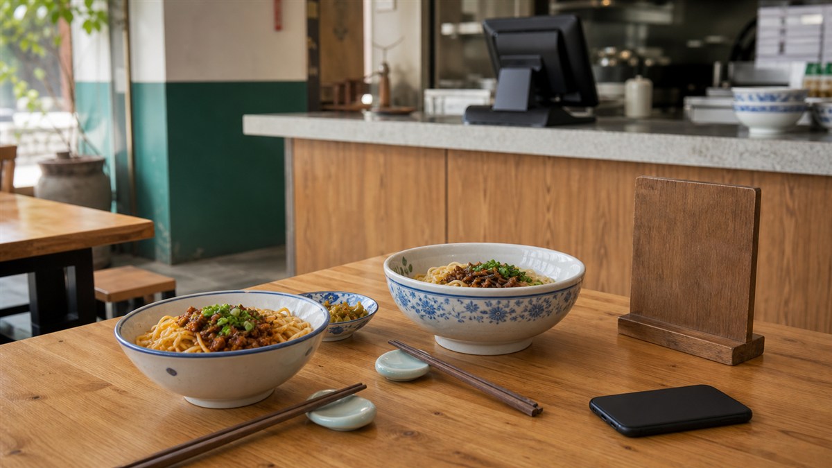 中式小餐馆餐桌上的面食与手机,背景为通用收银台,AI场景示意