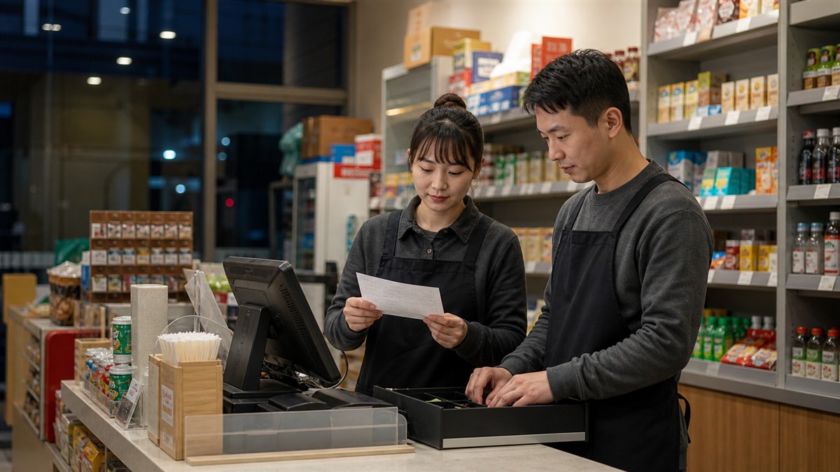 便利店两名员工在收银台核对交接单和现金抽屉