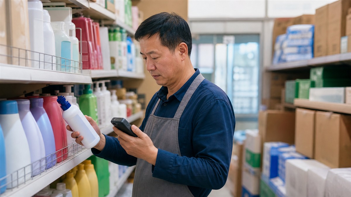 便利店经营者使用手持设备核对货架商品库存