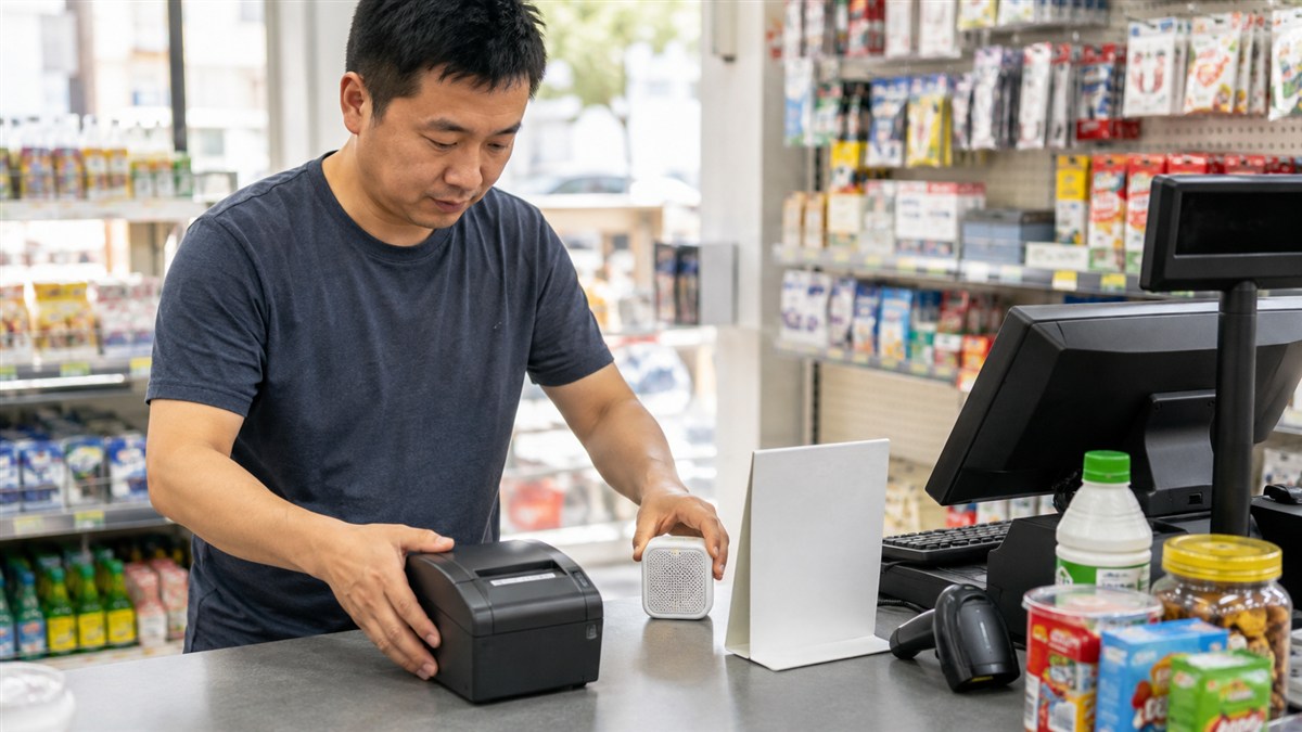 便利店经营者在收银台整理打印机、收款提示设备和扫码设备