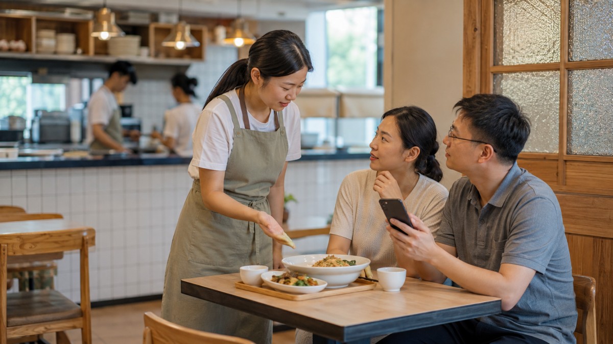 餐饮店服务员与到店顾客确认套餐内容,顾客手持手机