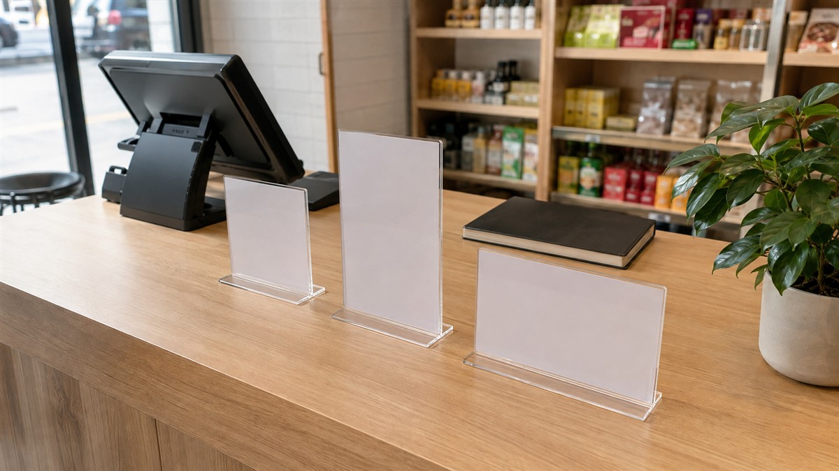 门店柜台上分开放置的提示牌与通用收银设备