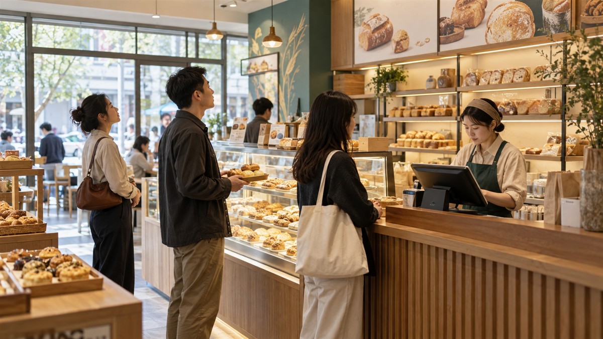 烘焙小店高峰期顾客有序等待结账的收银场景