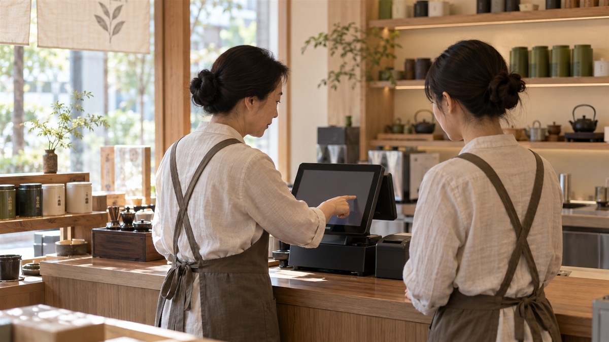 茶饮门店负责人带新员工熟悉收银终端的培训场景
