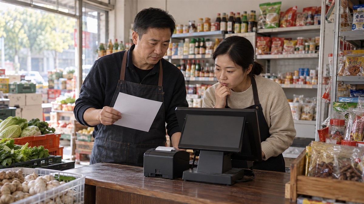 生鲜小店经营者在设备离线后核对收银记录