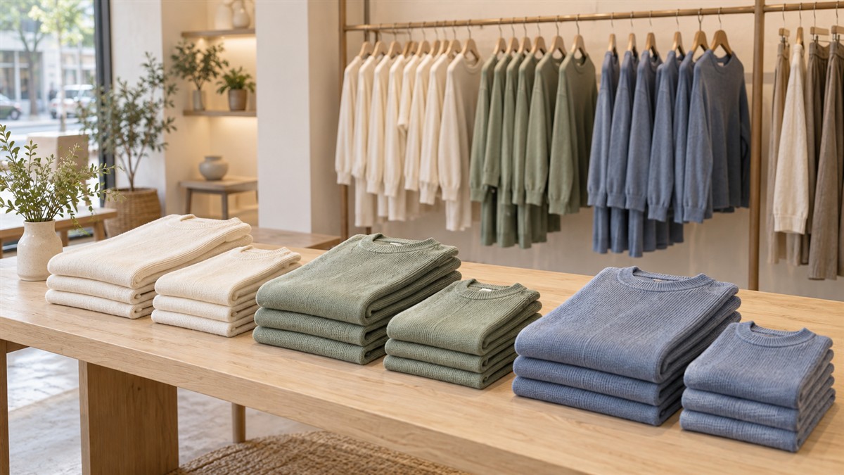 服装店木质陈列台上分色叠放的针织上衣与后方整齐衣架