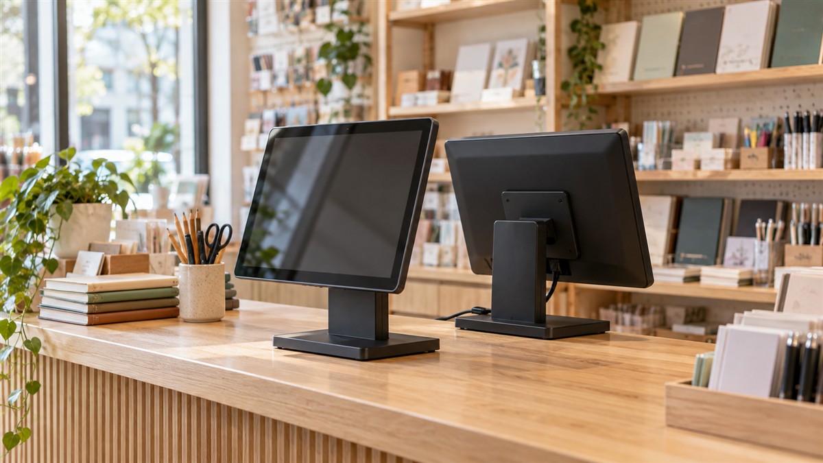 文具店柜台上分别面向两侧的通用显示屏与整齐摆放的笔记本