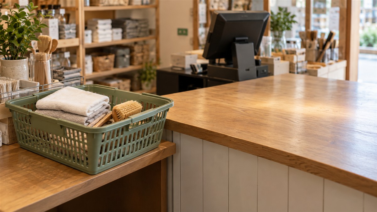 家居用品店侧柜上暂放的购物篮与旁边空出的结账台面