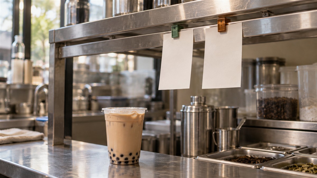 茶饮制作台上方夹着空白订单纸的挂单架与下方奶茶杯