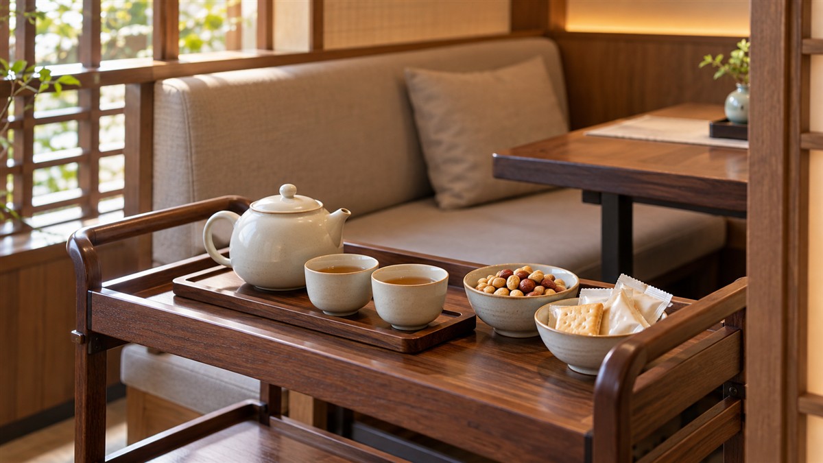 茶室包间座位旁服务推车上的茶壶、茶杯与零食