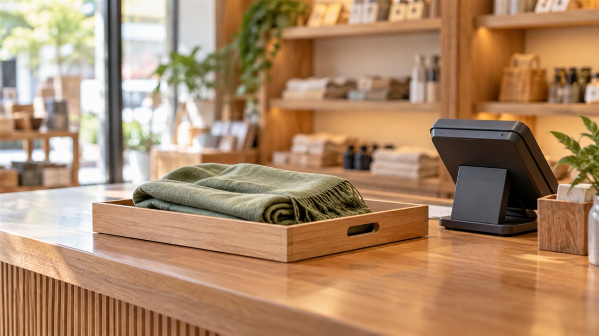 门店服务台上的退货托盘、折叠围巾与背向镜头的通用终端